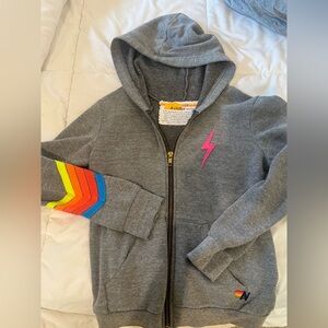 Aviator Nation Gray Hoodie with Rainbow and Pink Lightning